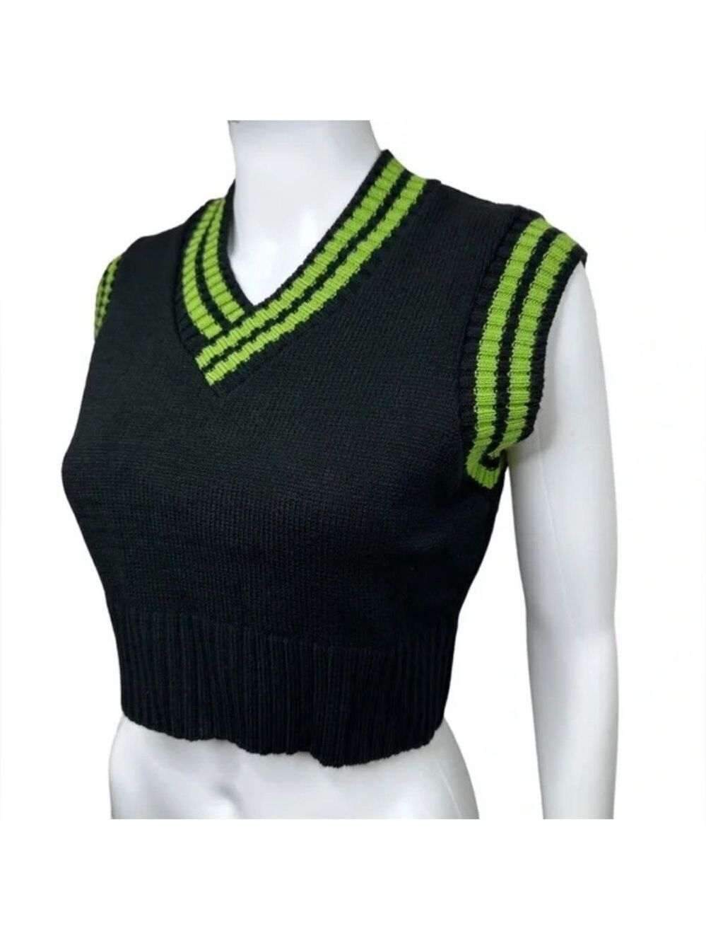 The Ragged Priest Sweater Vest Knit Cropped Black & Green, size S